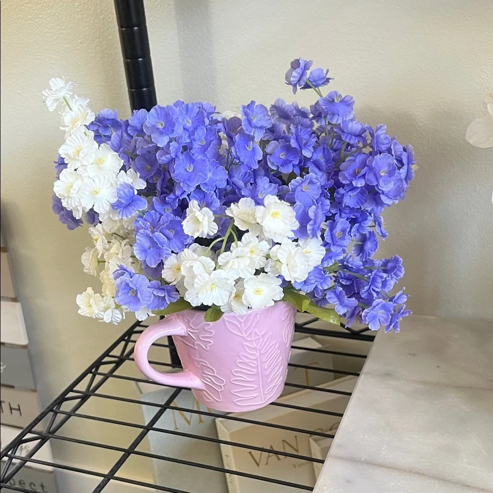 Pink Mug with Blue and White Floral Arrangement